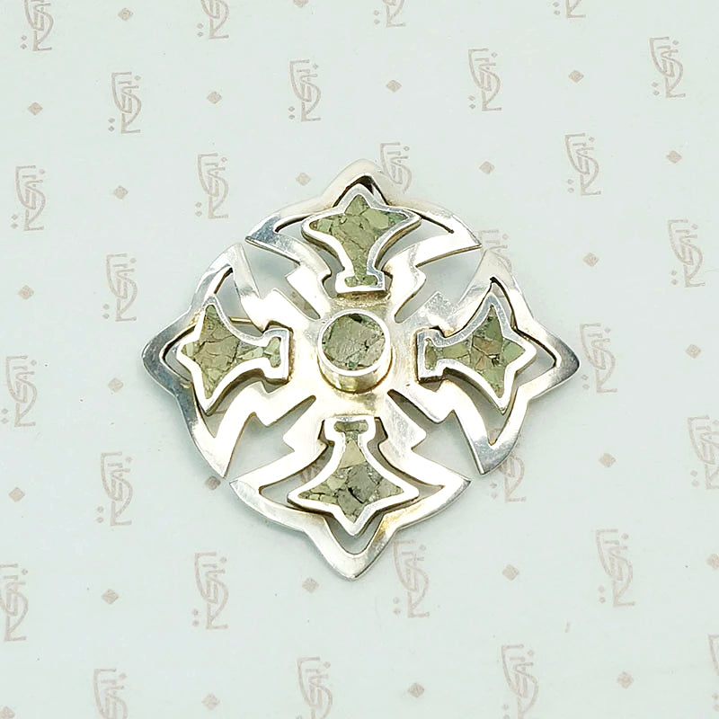 Stylized Taxco Cross Brooch with Green Stone Inlay 