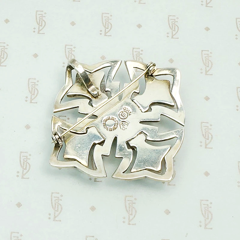 Stylized Taxco Cross Brooch with Green Stone Inlay 