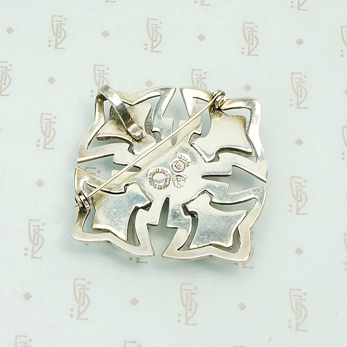 Stylized Taxco Cross Brooch with Green Stone Inlay 