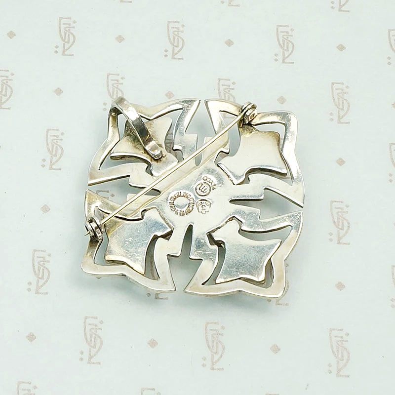 Stylized Taxco Cross Brooch with Green Stone Inlay 
