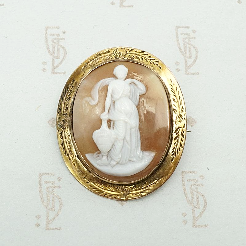 Veiled Woman & Urn Victorian Brooch in Engraved Gold