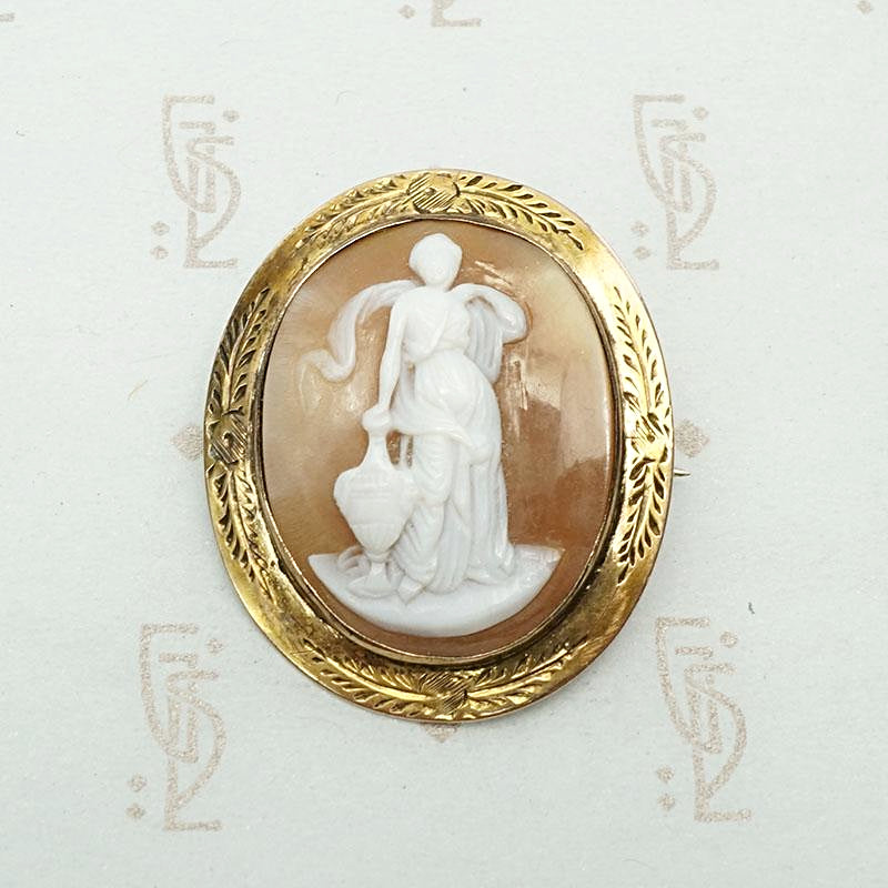 Veiled Woman & Urn Victorian Brooch in Engraved Gold