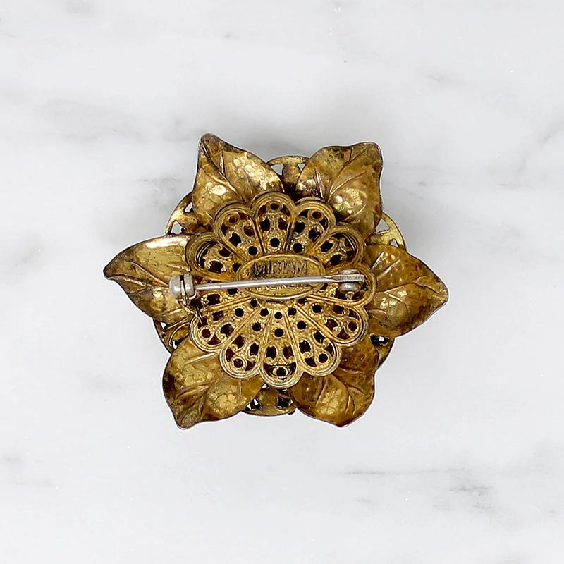 Miriam Haskell Brass Filigree Flower Brooch