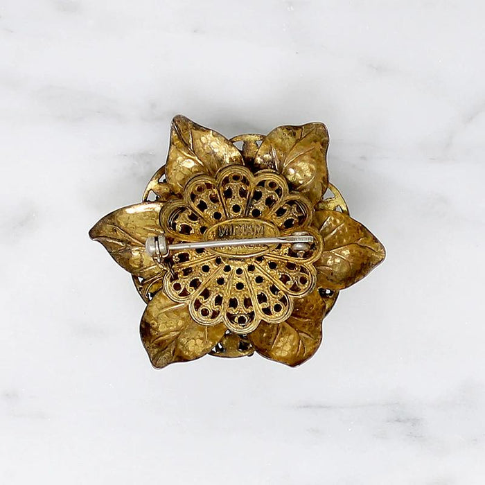 Miriam Haskell Brass Filigree Flower Brooch