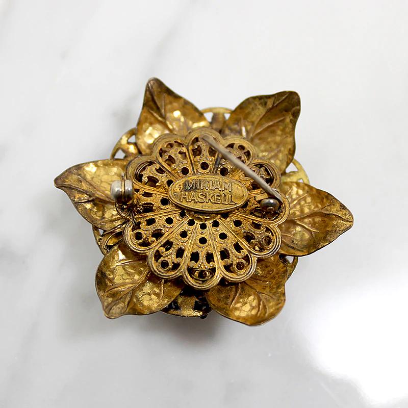 Miriam Haskell Brass Filigree Flower Brooch