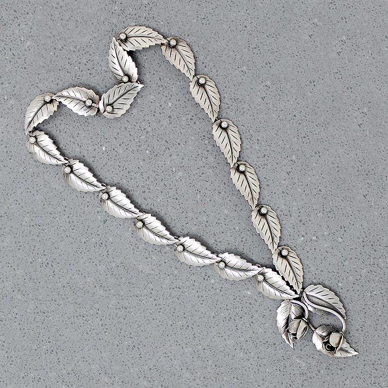 Danish Modern Silver Leaf & Flower Necklace