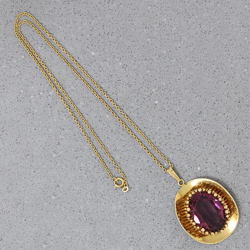 Modernist Gold Tone Necklace with Purple Glass