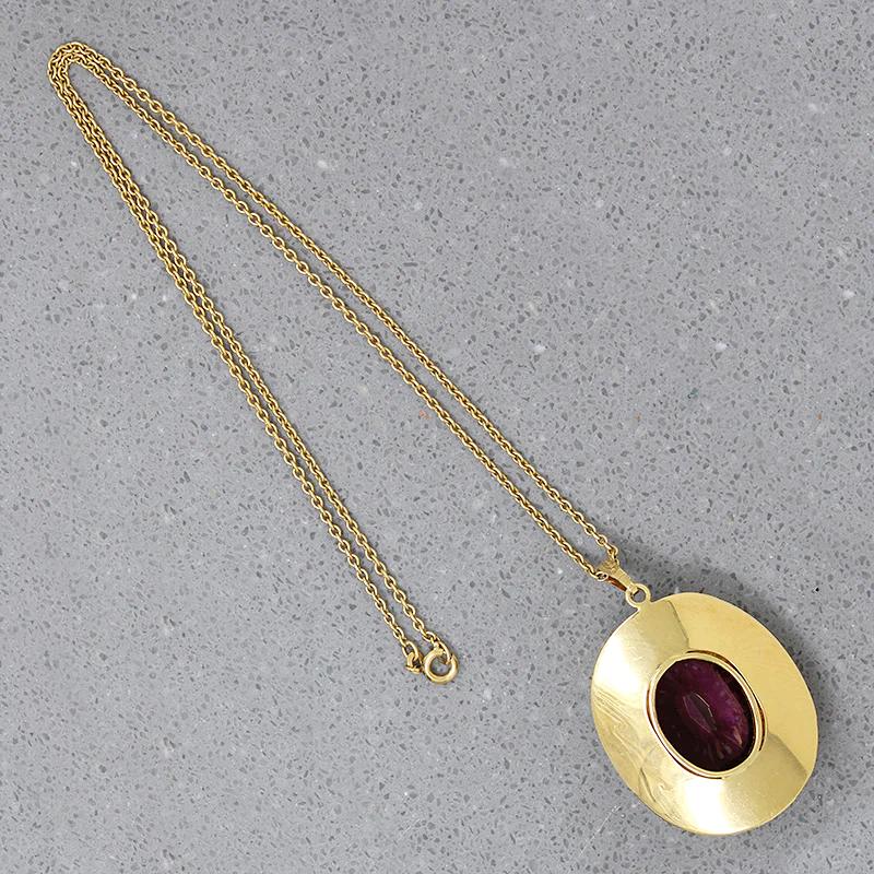 Modernist Gold Tone Necklace with Purple Glass