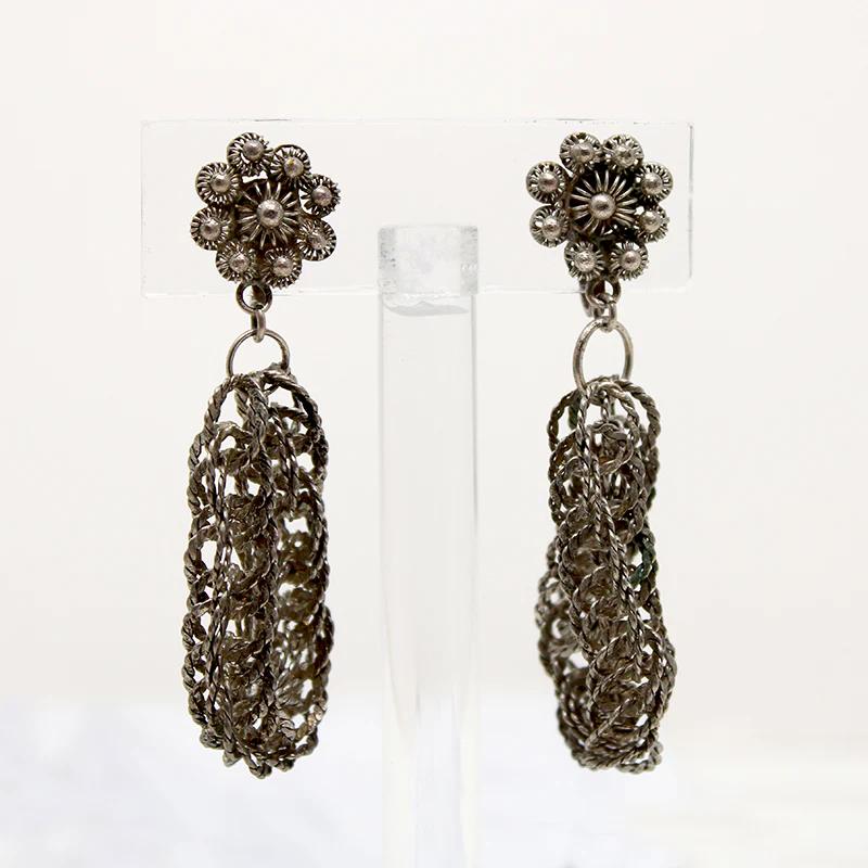 Silver Filigree Flower Earrings with Hoop Drops