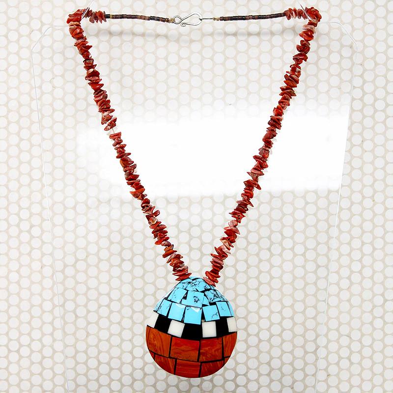 Pueblo Inlay Shell Pendant on Shell Tab Necklace