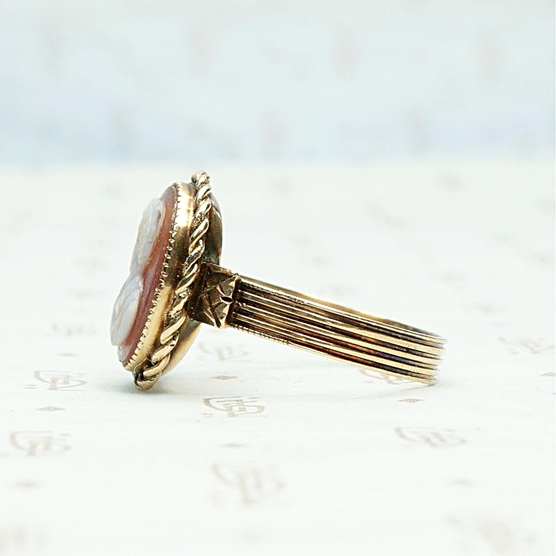 Victorian Cameo of a Man's Profile in Gold Ring, side view.