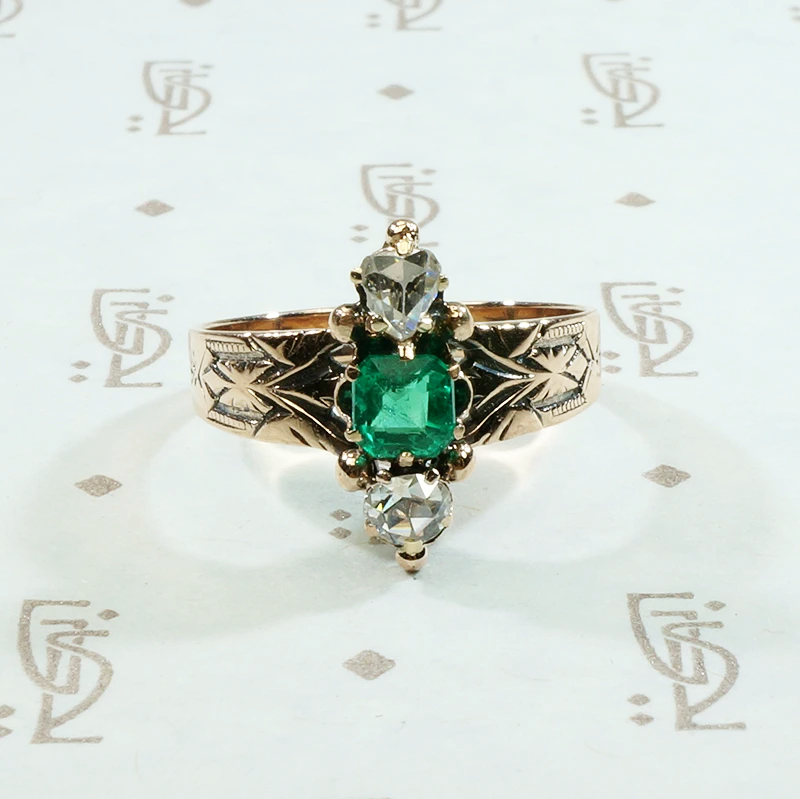 rose cut diamond and emerald victorian ring