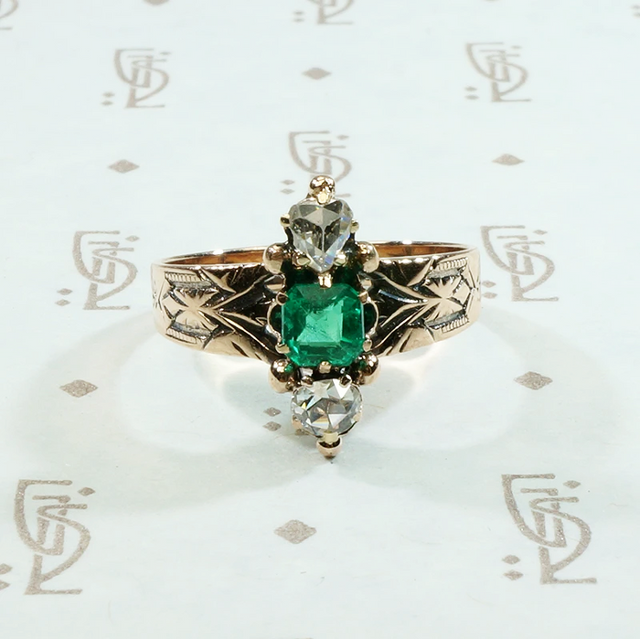 rose cut diamond and emerald victorian ring