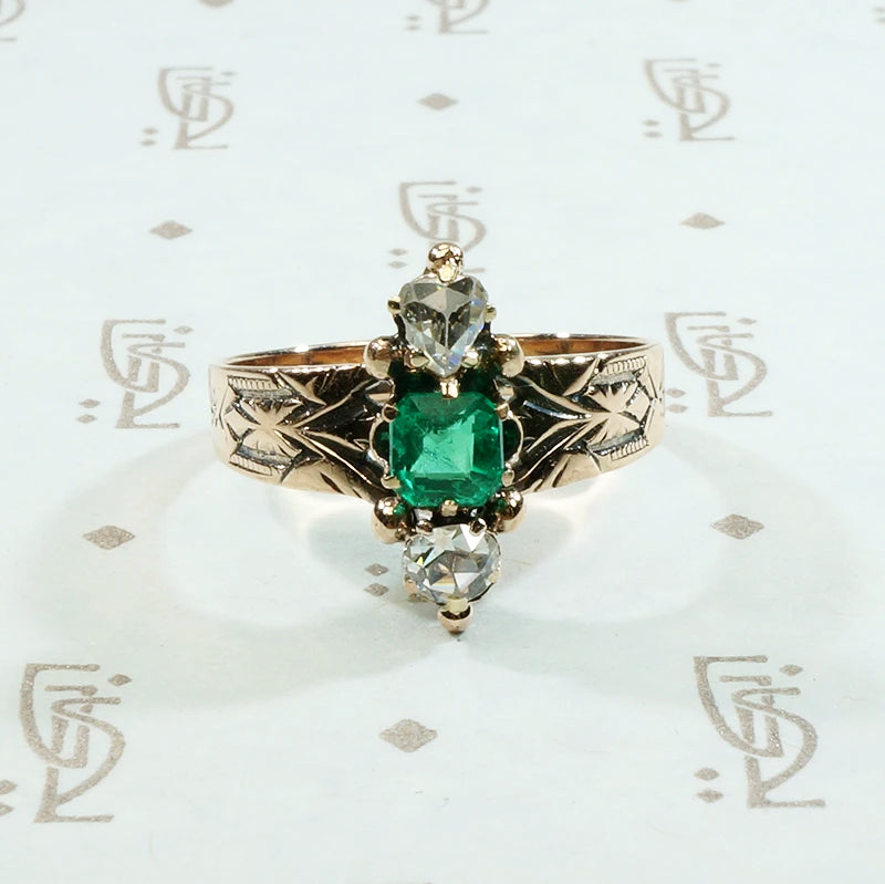 rose cut diamond and emerald victorian ring