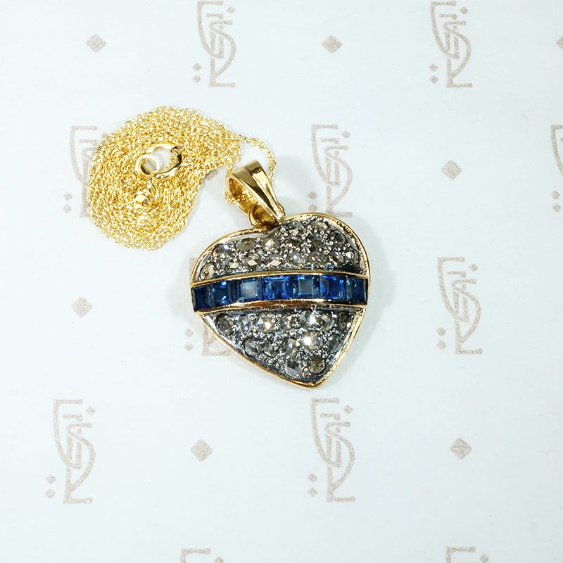 rose cut diamond and sapphire heart in 18k yellow gold and sterling silver heart shaped pendant