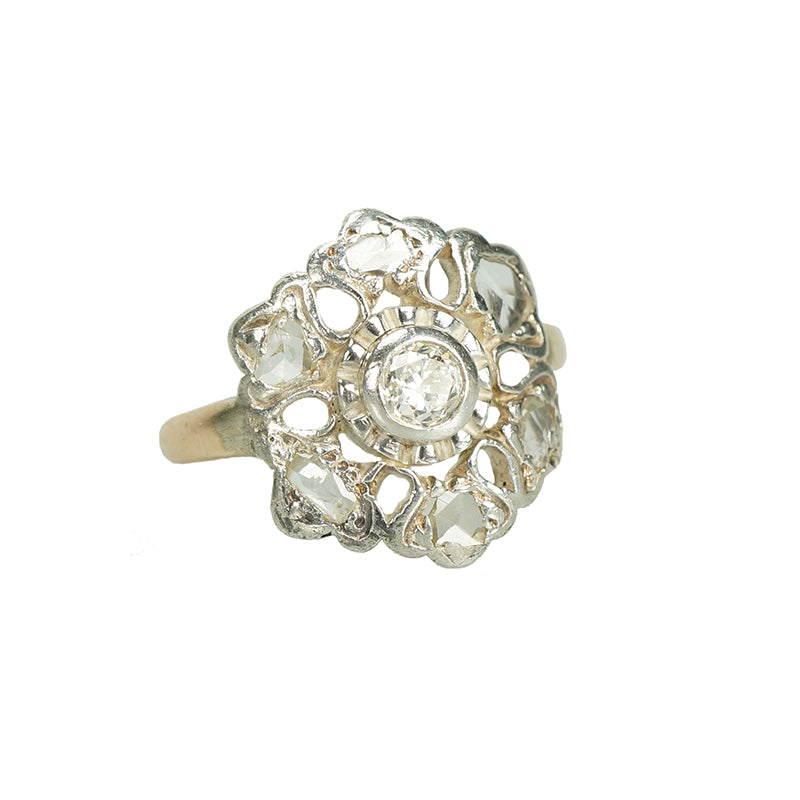 silver on gold old diamond engagement ring 