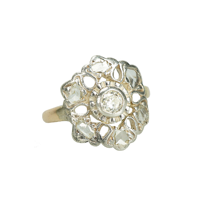 silver on gold old diamond engagement ring 