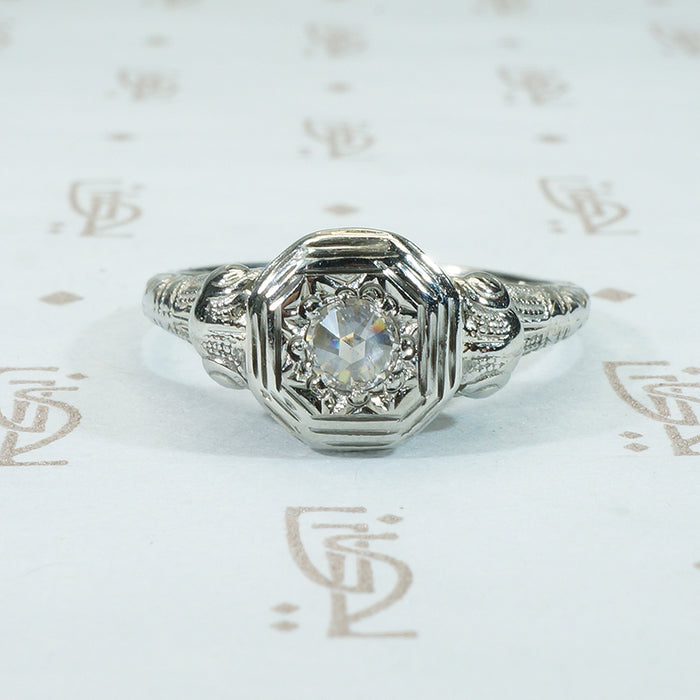 rose cut diamond in 18k white gold filigree ring
