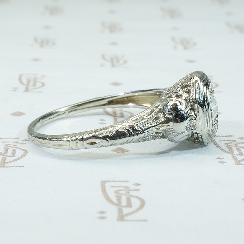 rose cut diamond in 18k white gold filigree ring
