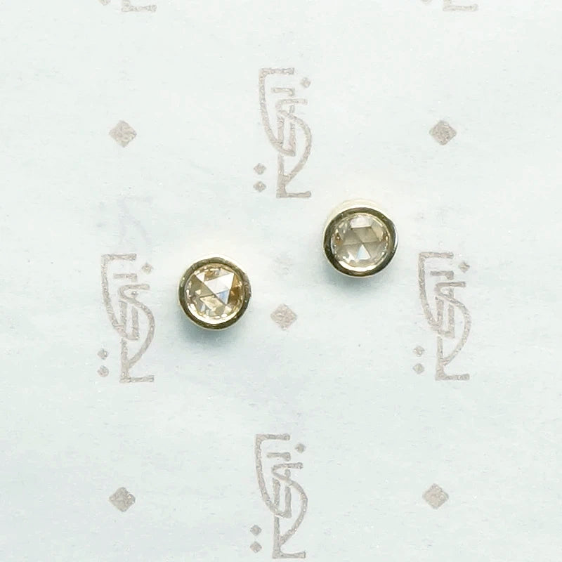 antique rose cut diamonds in recycled 14k yellow gold bezel stud earrings