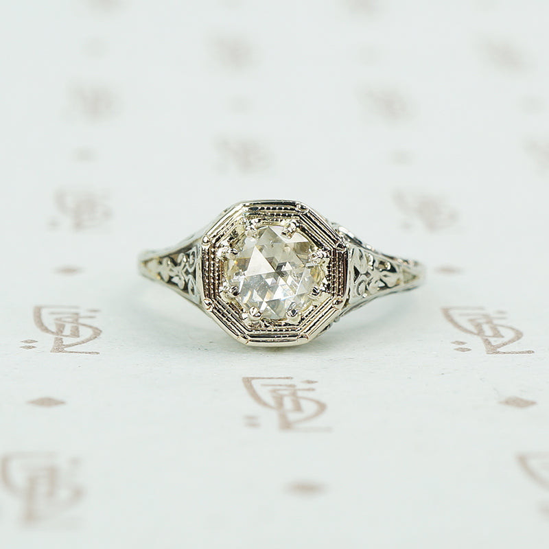 .44ct rose cut diamond in white gold filigree ring