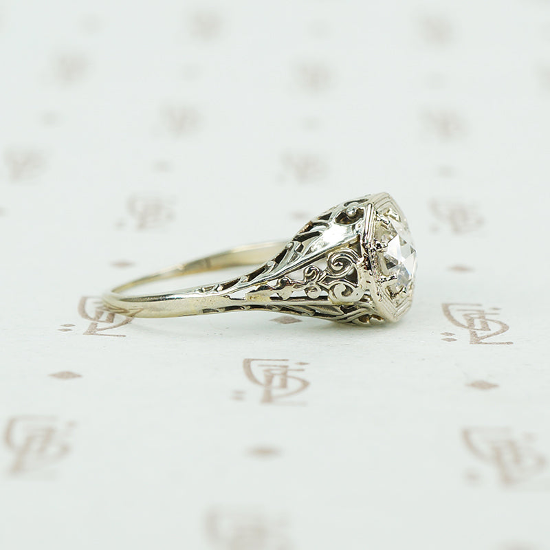 .44ct rose cut diamond in white gold filigree ring side view