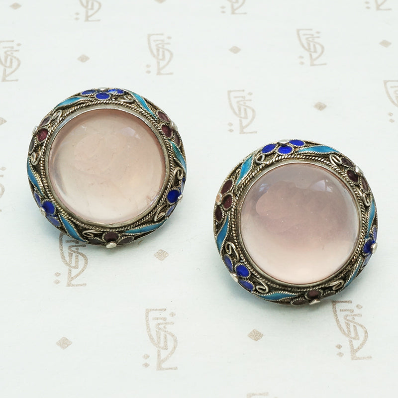 rose quartz sterling silver filigree screw back earrings with enameled flowers