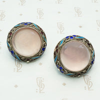rose quartz sterling silver filigree screw back earrings with enameled flowers