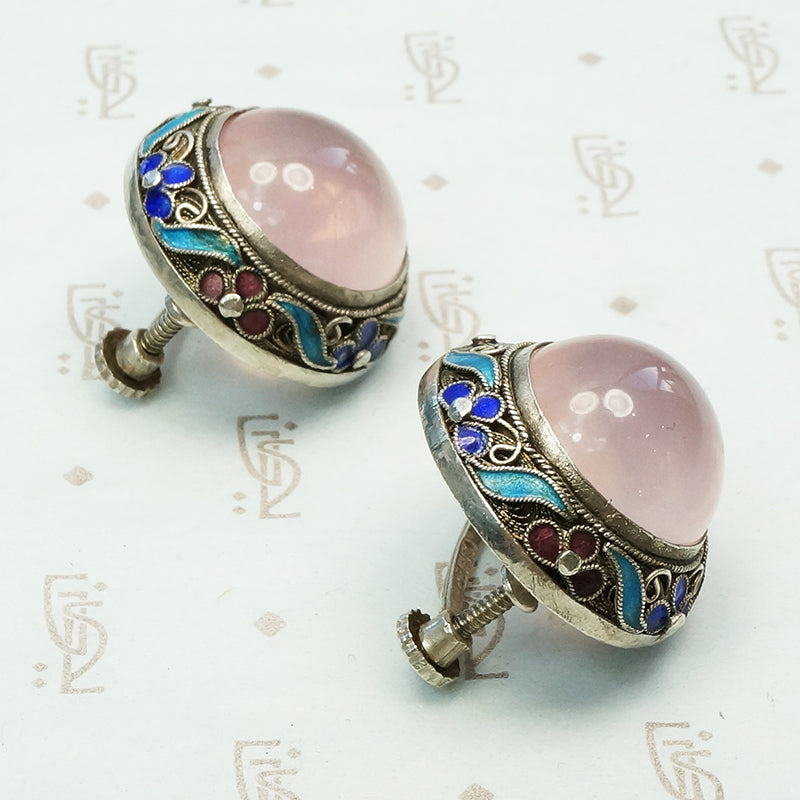Vintage Sterling Silver Filigree Rose Quartz Earrings