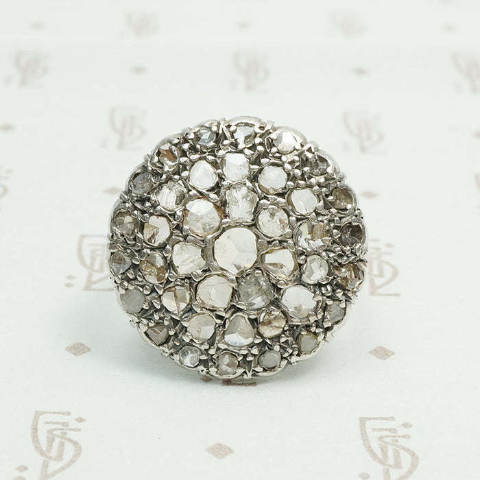 rose cut diamond target ring in silver on gold