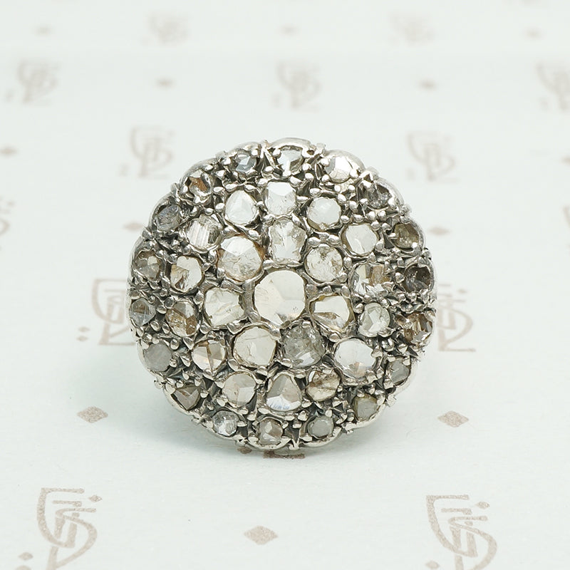 rose cut diamond target ring in silver on gold