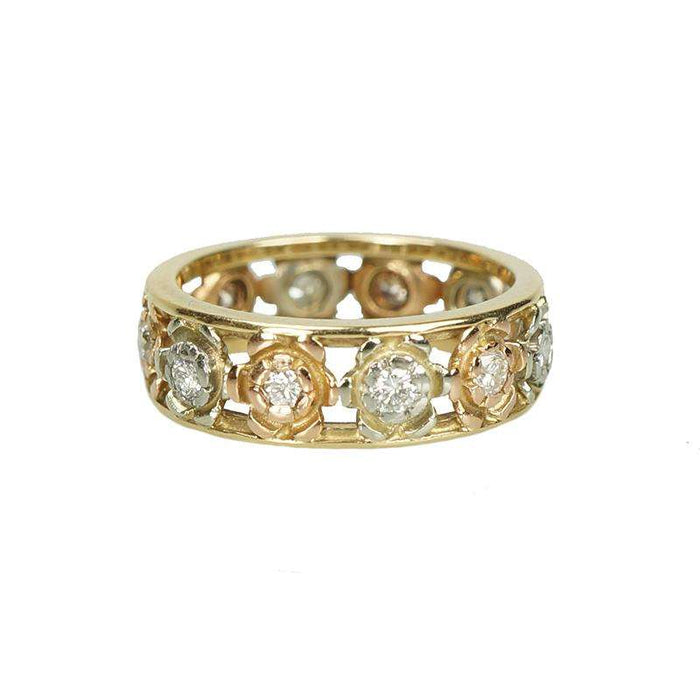 Vintage 1940s Band of Diamond set Roses in White and Rose Gold - Gem Set Love