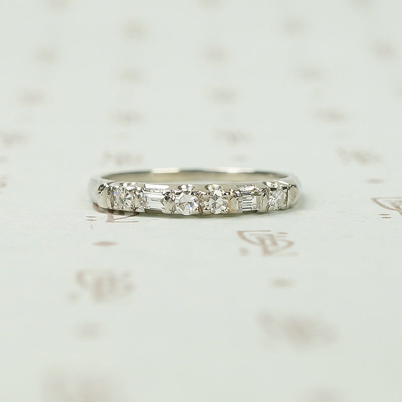Vintage Platinum Baguette and Round Diamond Band