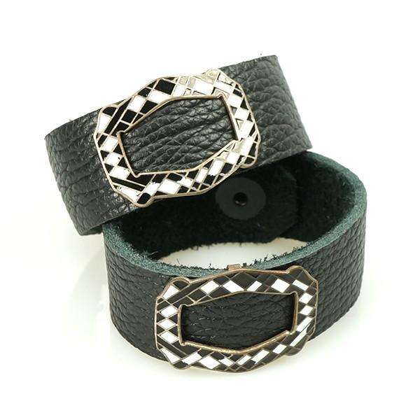 R + P matched pair of Leather bracelets with Deco Enamel Buckles