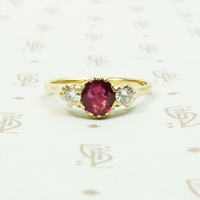 ruby and diamond 3 stone vintage ring in 14k yellow gold