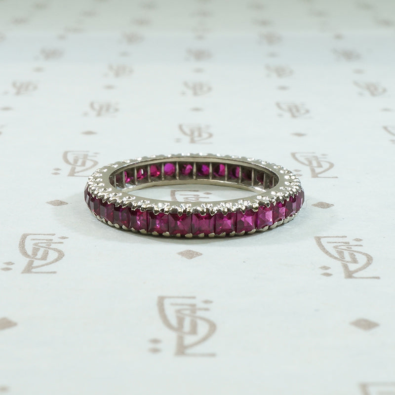 french calibré cut lab grown ruby eternity band 14k white gold circa 1940 size 5.5