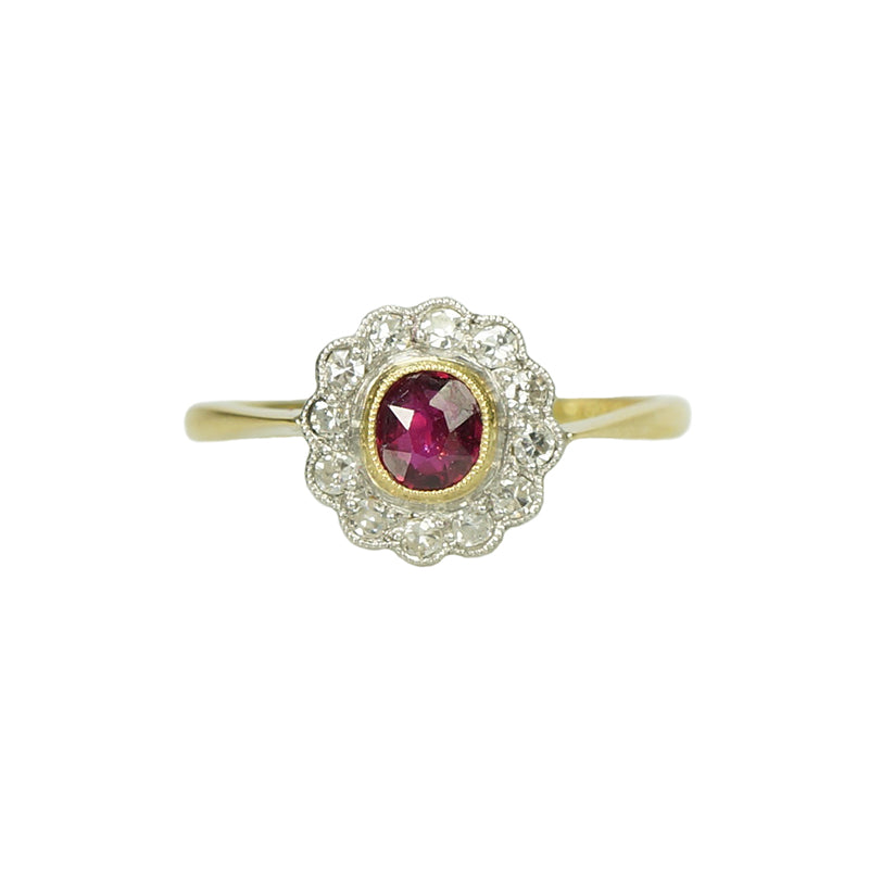 Oval Ruby Diamond Halo Vintage Ring - Gem Set Love