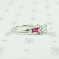 Platinum ruby and diamond engagement ring 1940's side view