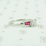 Platinum ruby and diamond engagement ring 1940's side view