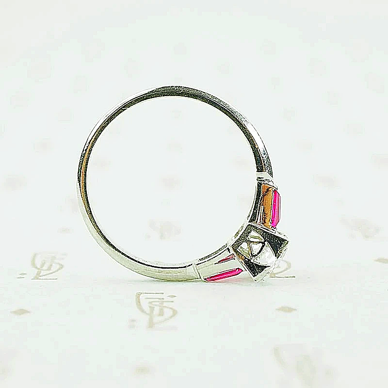 Platinum ruby and diamond engagement ring 1940's side view