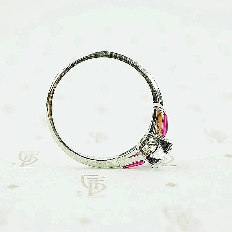Platinum ruby and diamond engagement ring 1940's side view