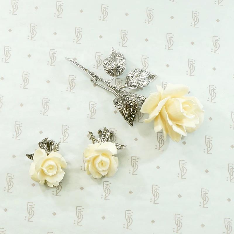 Four Piece Suite of Carved Rose, Silver & Marcasite Jewelry