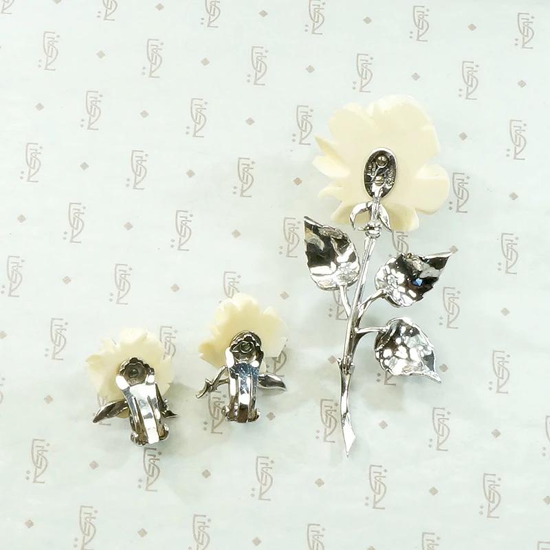 Four Piece Suite of Carved Rose, Silver & Marcasite Jewelry