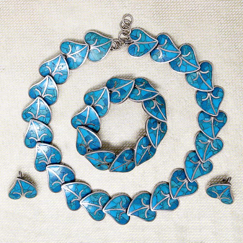 Turquoise Inlay Leaves Necklace, Bracelet & Earrings
