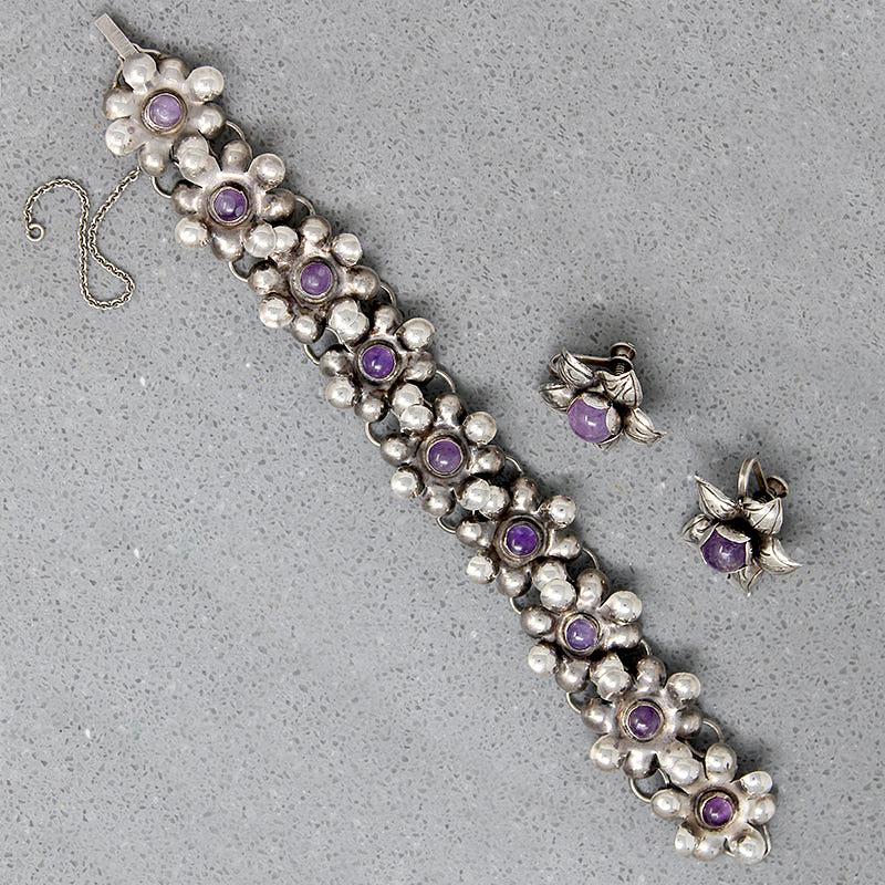 Cheerful Silver & Amethyst Flower Bracelet & Earring Set