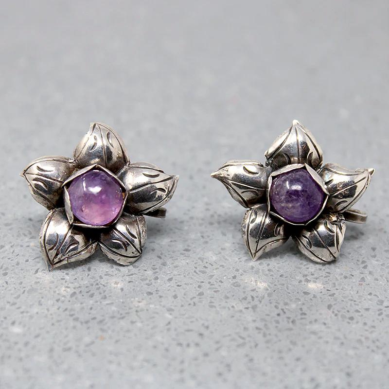 Cheerful Silver & Amethyst Flower Bracelet & Earring Set