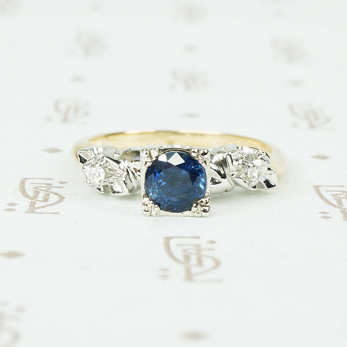 2 tone vintage new old stock blue sapphire engagement ring