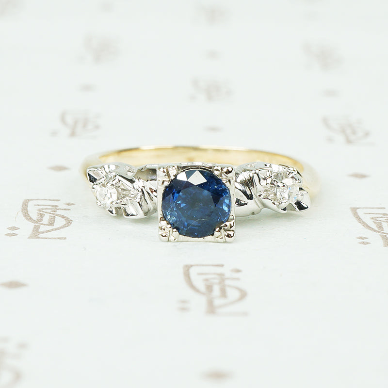 2 tone vintage new old stock blue sapphire engagement ring