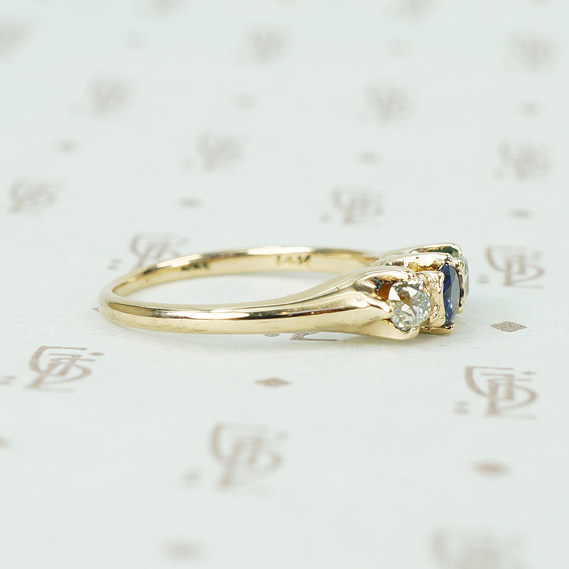 mine cut diamonds and sapphire ring in yellow gold circa 1890 side view