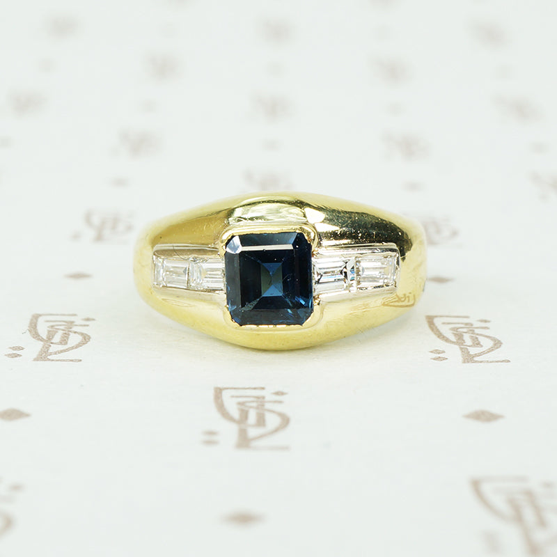 sapphire and baguette diamond gypsy band 18k yellow gold
